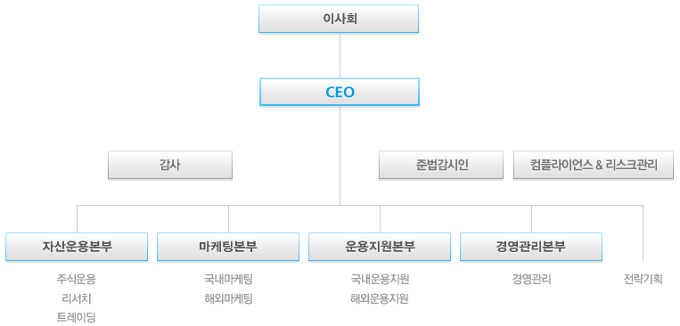 이사회 - CEO - (감사, 준법감시인, 컴플라이언스 & 리스크관리) - 자산운용본부/마케팅본부/운용지원본부/경영기획본부
